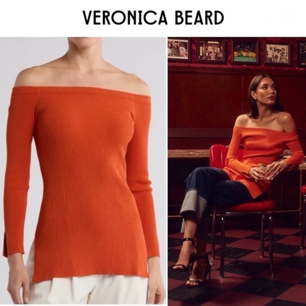 Veronica Beard Vibrant Deep Orange Derick Ribbed Off-Shoulder Pullover NWT 378$